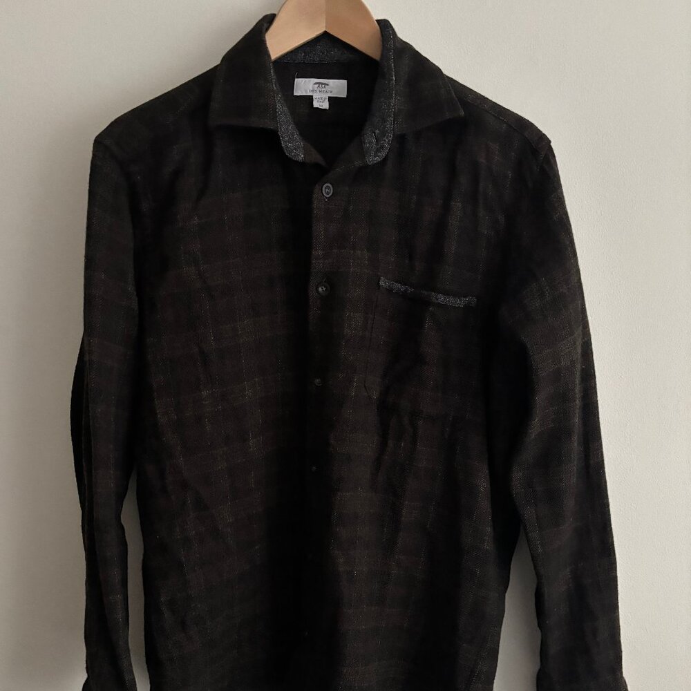 $550 Inis Meain Brown Wool Plaid Button up Flannel Shirt Made in Italy - Medium